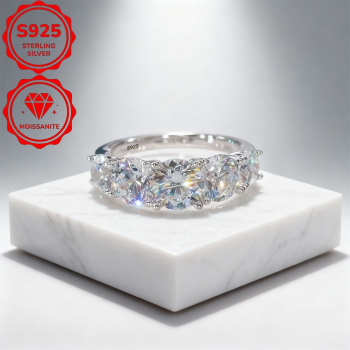 TEMU Bague Moissanite Femme, 5 Pierres Bague de Fiançailles Argent 925, Bague de Mariage Moissanite Rond, Hypoallergénique, Cadeau d'Anniversaire de