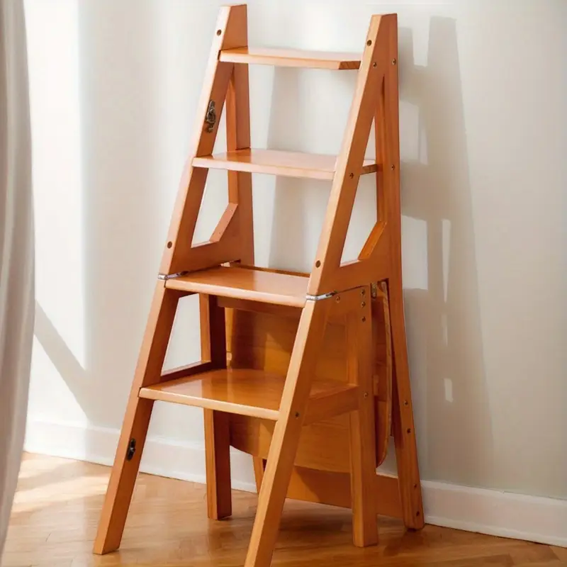 foldable 4 step wooden portable multi functional ladders with storage shelf sturdy construction for indoor use details 0