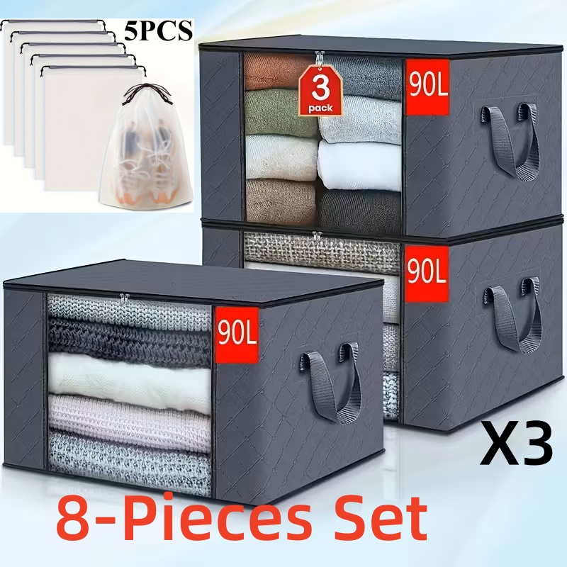 E-shop 8-teiliges Set, extra große Aufbewahrungstasche mit Reißverschluss Deckel – faltbare langlebige Aufbewahrungstasche, geeignet für Bettwäsche,