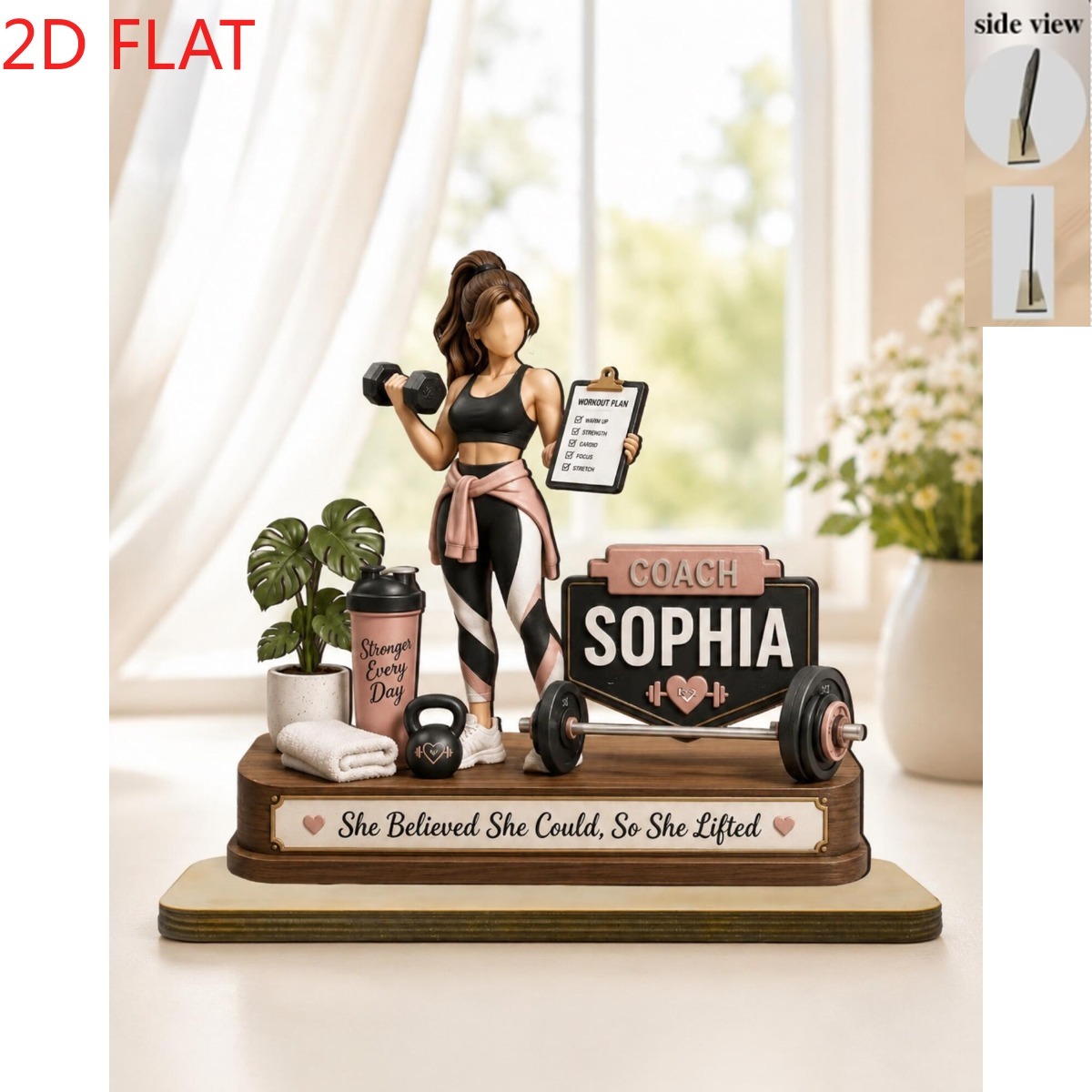 TEMU Adorno de mesa de madera 2D 1 pieza personalizable de entrenador de fitness con base, mancuerna, barra de pesas, kettlebell, placa de impresión