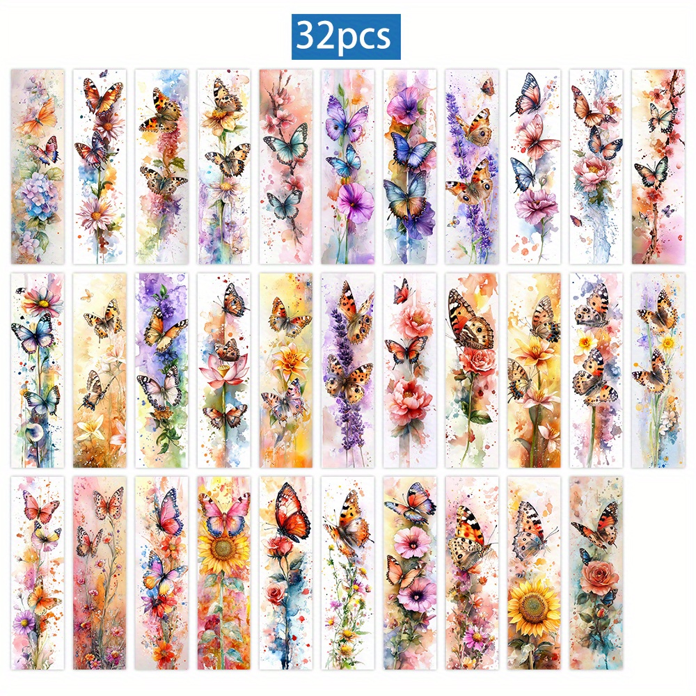 E-shop Ein Set aus 32 Aquarell-Schmetterling- und Blumen-Lesezeichen, mit Schmetterlings-Lesezeichen, als Geschenk für Schmetterlingsliebhaber. Diese