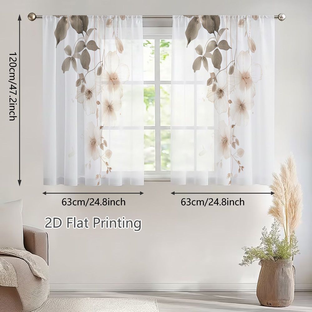 TEMU 2D Plat - Ensemble de rideaux transparents légers 2D pour et l'été, avec un motif floral et feuillu aquarelle sur un fond blanc net, adapté aux