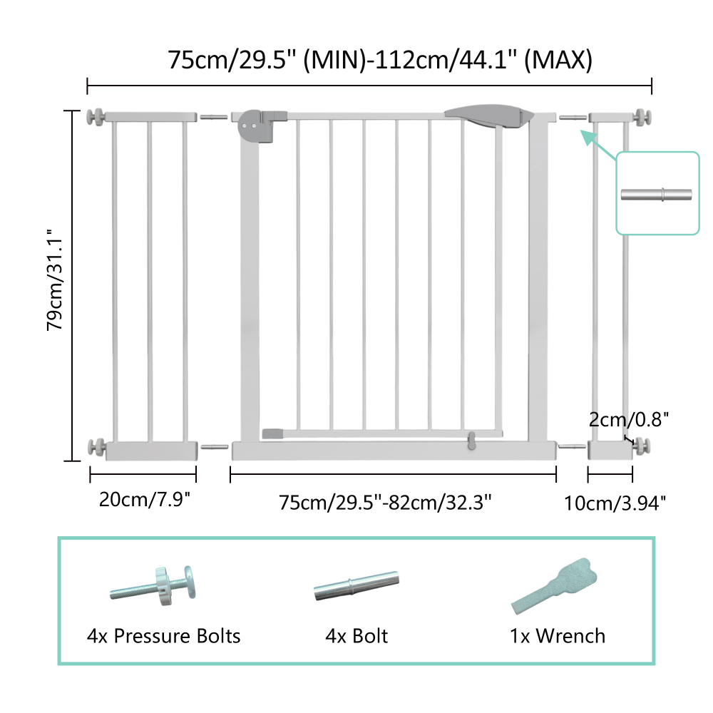 29.5-44.1 Inch Wide White Pressure-Mounted Walk-Through Safety Gate for Stairs and Doorways with Double Lock Security Barrier