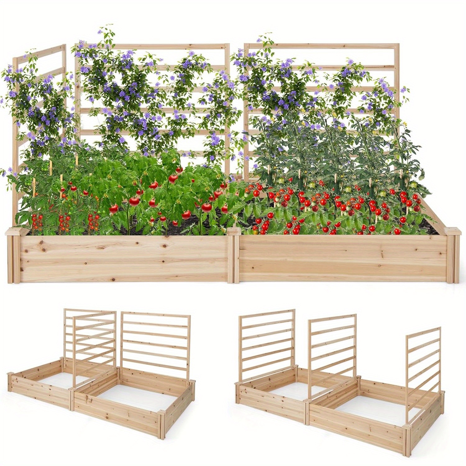 Image of Raised Garden Bed With 3 Trellis, 2 Planter Boxes, 88"l X 45"w "h Outdoor Wooden Raised Garden Planter Kit
