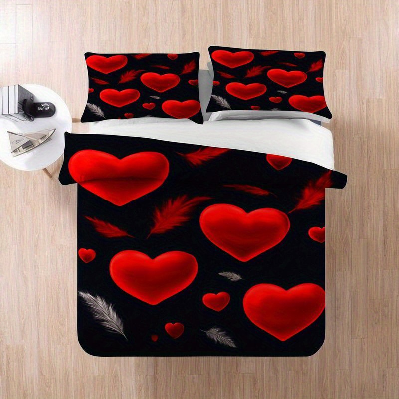 3pcs romantic heart pattern duvet cover bedding   red hearts black background comforter with pillowcases soft breathable microfiber fabric modern bedroom decor for couples master room 1 2 pillow cases Product details 5