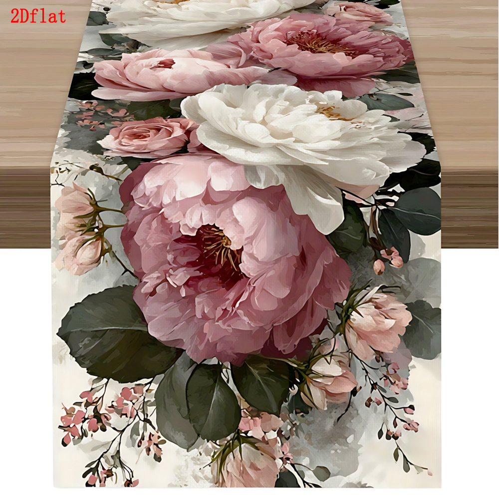 E-shop ., Rosa-weißer Pfingstrosen-Blumentischläufer, Romantischer Hochzeitstischläufer, Eleganter Verlobungs- Hochzeitstag-Tischläufer,