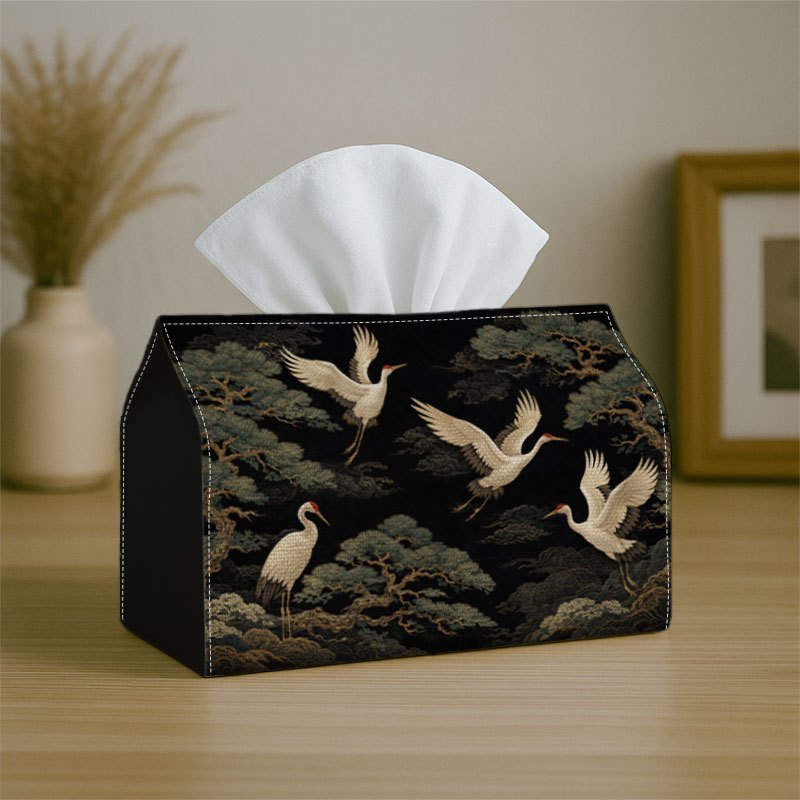 TEMU 2d Flat 1pc Oriental Artistic Bird Print Tissue Box With Crane Landscape Illustration Tissue Box, Suitable For Living Room, Bedroom, Coffee