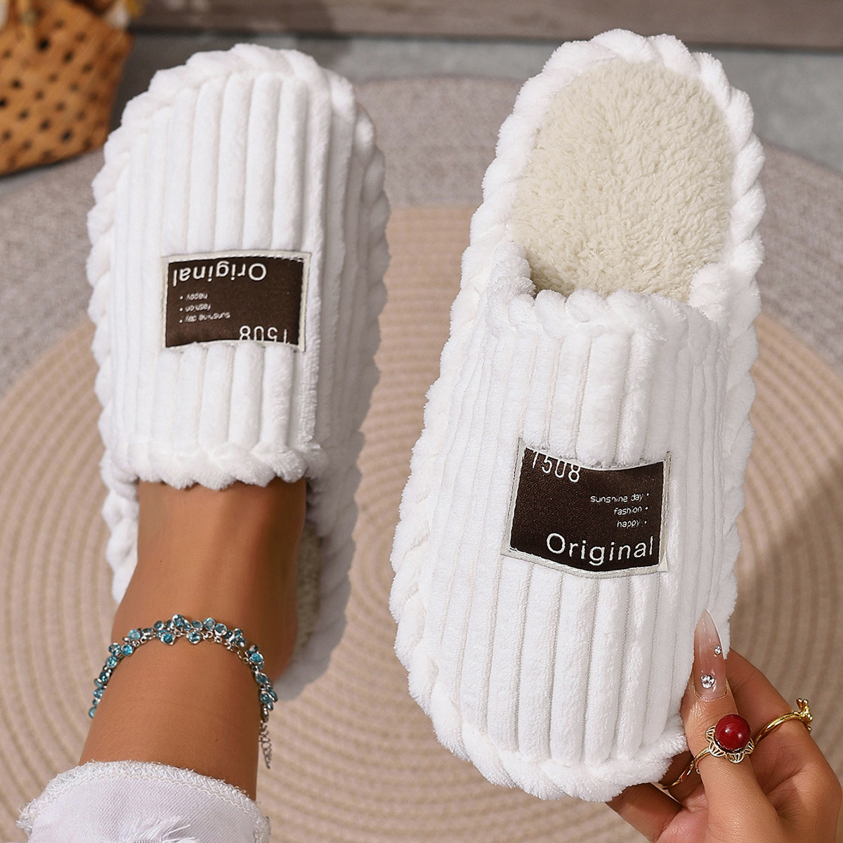 Image of Women's Corduroy Closed Toe House Slippers Fleece Lined Non-slip Soft Sole Indoor Comfortable Winter Shoes , Women Shoes