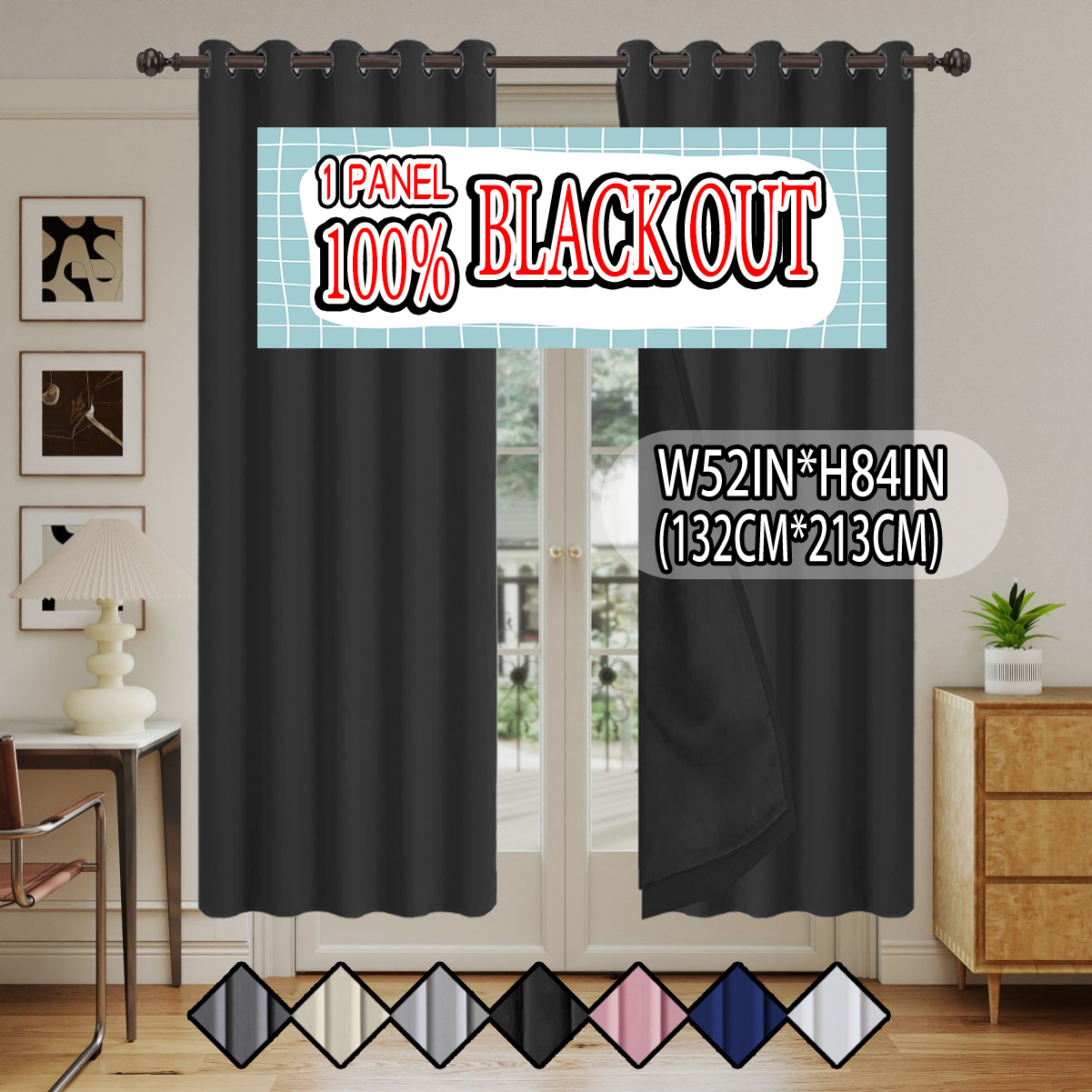 TEMU 1pc, 100% Blackout Sunshade Insulating Curtain, Solid Color Polyester Material Lined, Darkening Indoor Space, Lightweight, Top-punch Hanging
