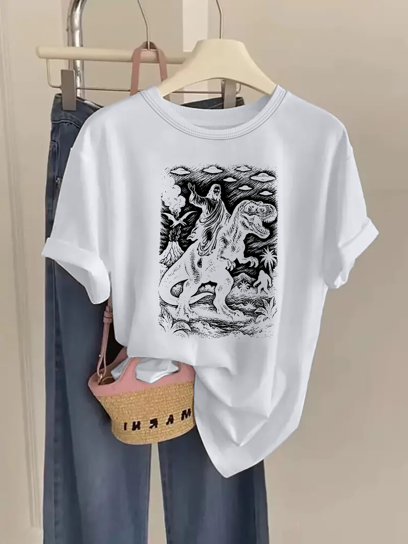 womens funny   riding dinosaur graphic t shirt white tee with   soft everyday casual top for church outfits themed parties casual attire machine washable christian apparel seasonal wardrobe staple   shirt   short sleeve shirt women fashion white 0