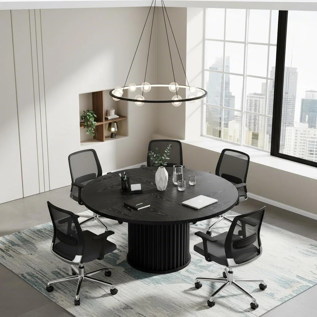 47 Inch Round Meeting Table Modern Black Office Conference Desk With Fluted Pedestal Base (only Table 1pc)