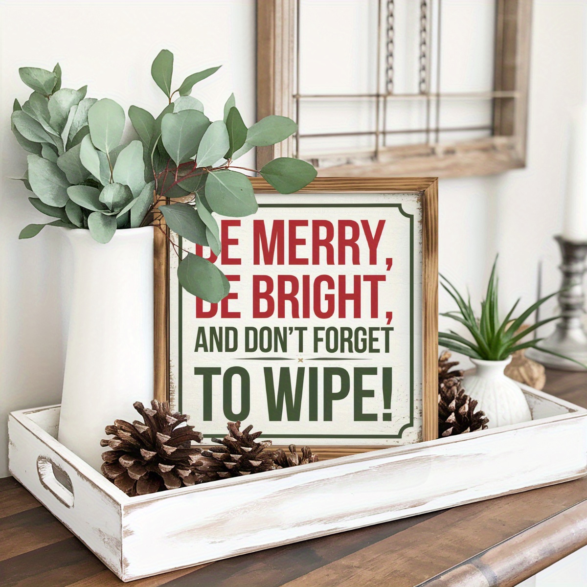 TEMU 1pc Rustic ', ' Framed Wooden Sign - 8x8 Inch Vintage Humor With Green Border, Distressed Look, Bathroom, Kitchen, Bedroom Decor -