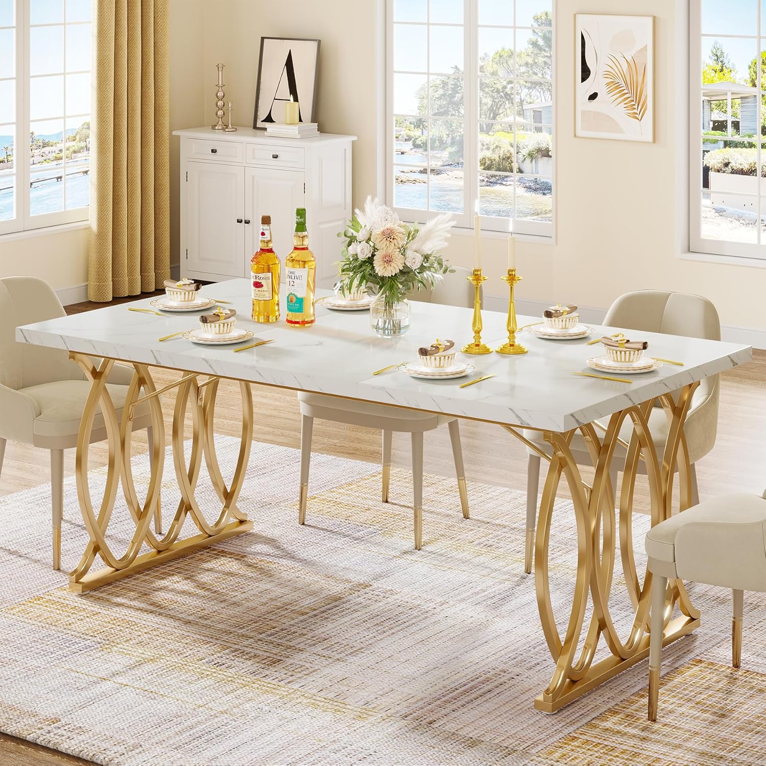 Contemporary Dining Table Measuring 63 Inches, Suitable For 4 To 6 Individuals, Featuring A Rectangular Design With A Marble Surface And Geometric Legs, Perfect For Kitchen And Dining Room Use