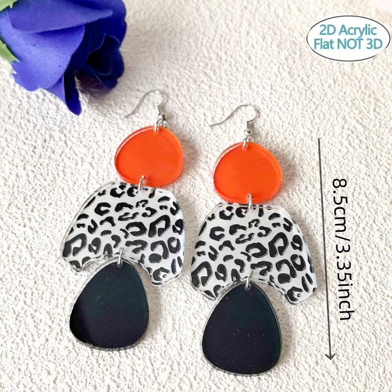 Women's Long Acrylic Earrings with Red Leopard Print, Bold Style