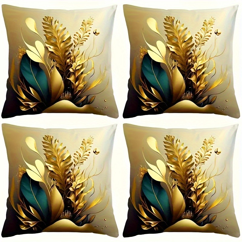 TEMU 4pcs, Taie d'oreiller en peluche courte à motif végétal, Design doré et vert, Taie d'oreiller pour coussin de siège, Convient pour à coucher, le