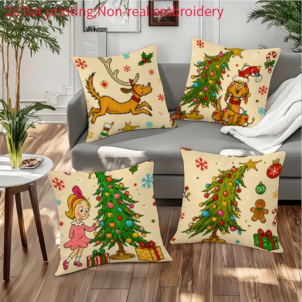 TEMU 4pcs Christmas - Themed 2d Flat - Printed Throw Pillow Covers, Featuring Reindeer - , Dog With Lights, Girl Decorating Tree, Christmas Tree