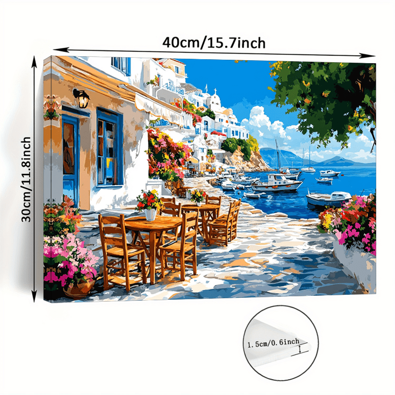 TEMU 1pz su Tela con Cornice in Legno - Costiera di Isola Greca Vivace con Edifici , Finestre Blu e Fiori Colorati, Murale dell' Tradizionale Greca,