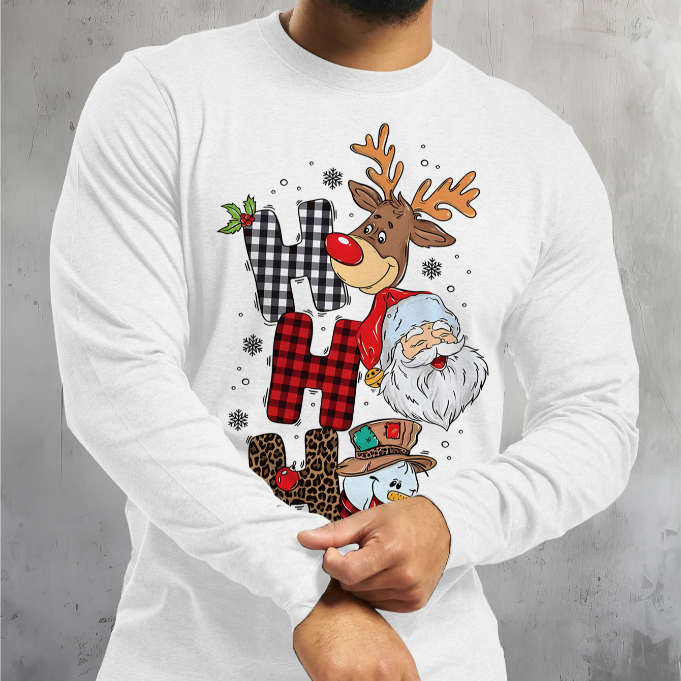 

Men's Christmas Reindeer & Santa Print Long Sleeve T-shirt, Casual Crew Neck Top, Polyester Knit Fabric With Slight Stretch, For Wear & Sleepwear, All