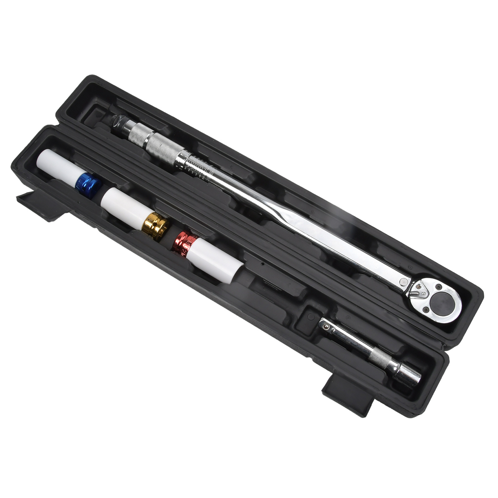 Set Of Torque Wrenches, Ranging From 40 To 210 Nm, With A 1/2 Inch Drive And Sizes 17, 19, And 21 Mm, Including Impact Sockets And An Extension Bar