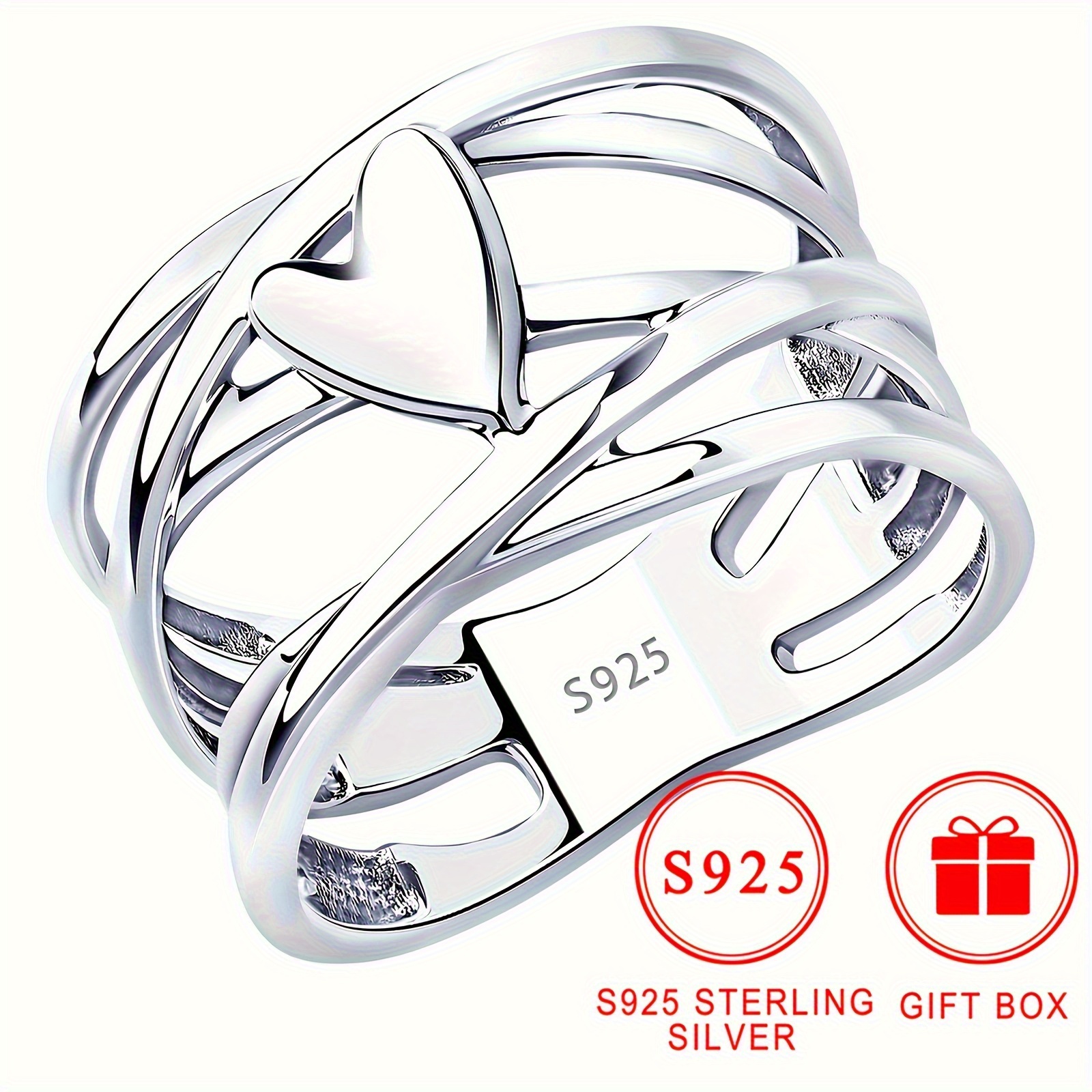 TEMU Elegant 925 Sterling Silvery Heart-shaped Ring, Silvery-plated, Nickel, Hypoallergenic, , Women's Fashion Jewelry, Suitable Daily Wear And Party