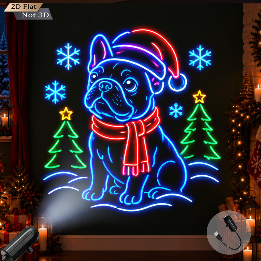 TEMU Lampe de projection USB Chien Bulldog Français Noël Chapeau de Père Noël Écharpe de Noël de neige Lampe de projection LED Veilleuse Décor pour
