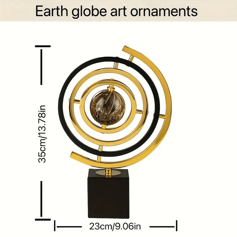 Elegant Black & Golden Metal Globe Sculpture with 360° Rotation