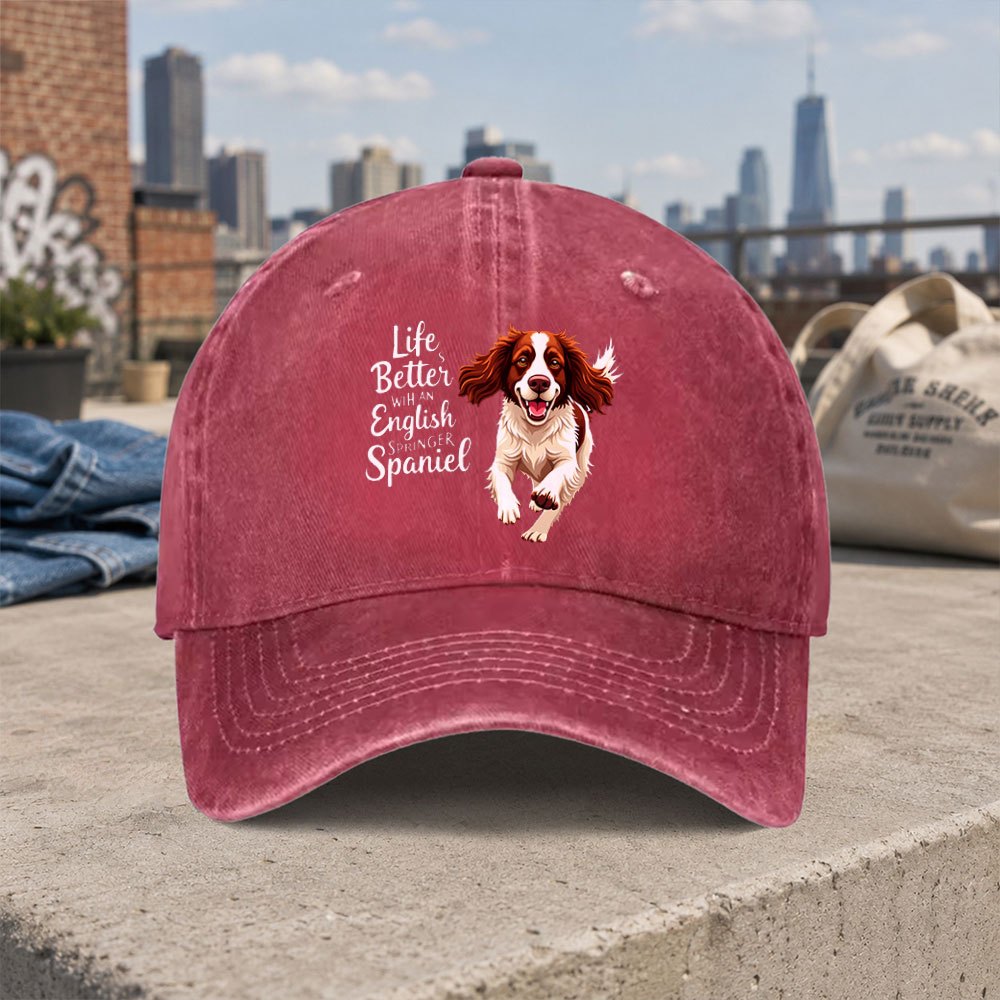 TEMU 1pc Fashion Spaniel Print Vintage Washed Baseball Cap, Casual Holiday Gift Daily Accessory Unisex Style Versatile Duckbill Hat Men Women Hat,