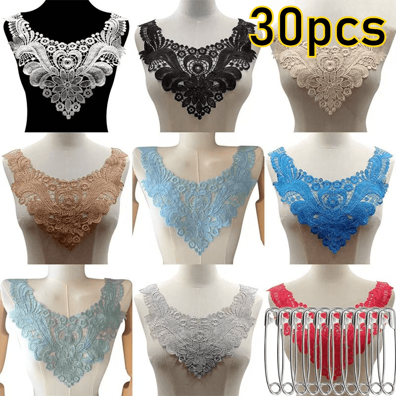 TEMU Lot de 30 autocollants en dentelle florale soluble dans pour col, avec épingles de sûreté, décoration de nuque brodée couture pour robes,