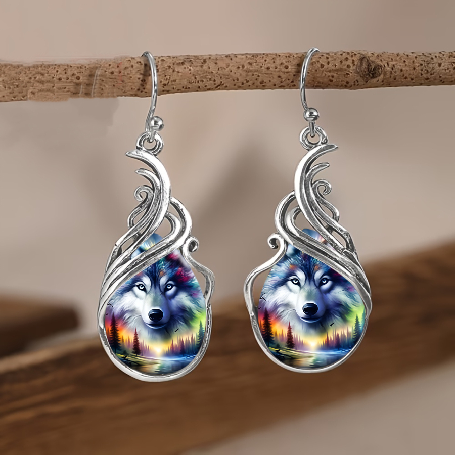 TEMU 2pcs Wolf Earrings | Nature And Forest Themed Teardrop Pendant Earrings In Elegant With Alloy And Glass Mosaic, Ideal For Daily And Holiday