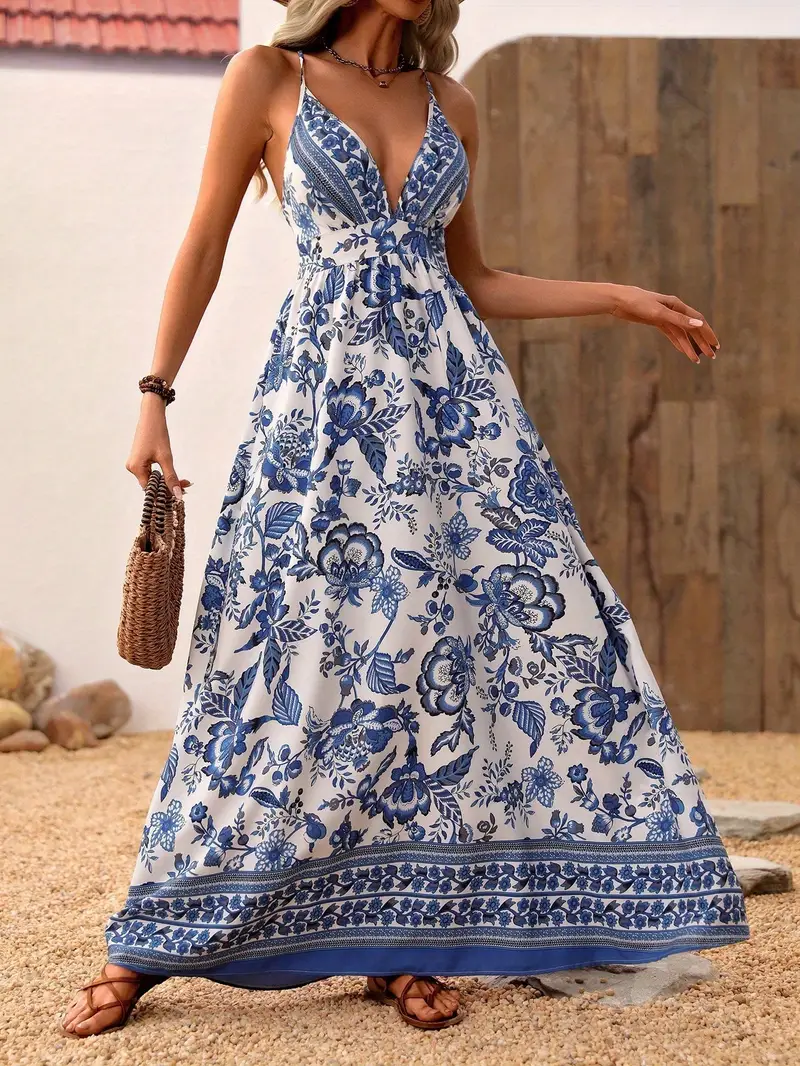 womens elegant floral print deep v neck cross back long - Temu Mauritius womens elegant floral print deep v neck cross back long - Temu Mauritius