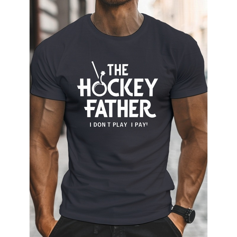 

T-shirt décontracté à col rond pour homme avec imprimé "The Hockey Father", % polyester tricoté, légèrement extensible, coupe regular, haut d'été léger - 150 g/m²