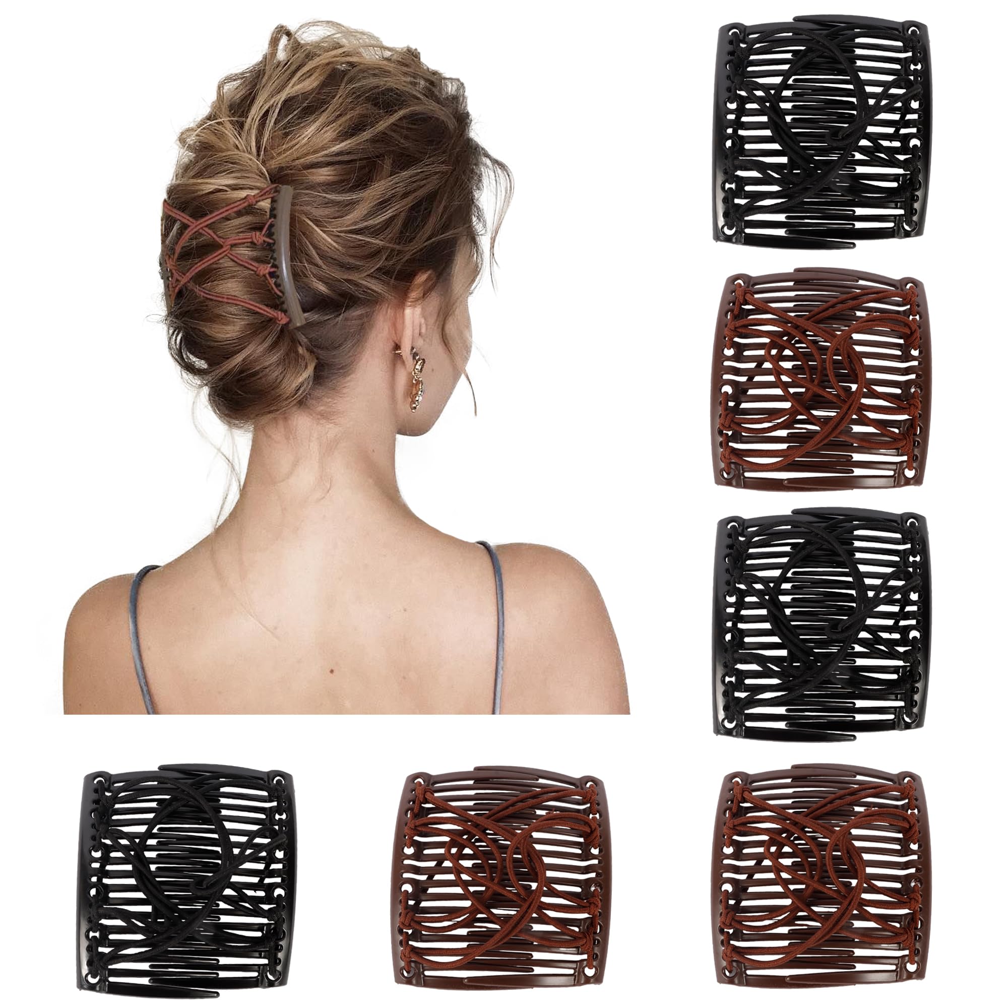TEMU 6-pack Elastic Hair Ties With Clips, Exquisite Magic Hair Styling Comb, Fashionable Lazy Bun Maker For Back Of Head, Non-slip Hair Insert Comb