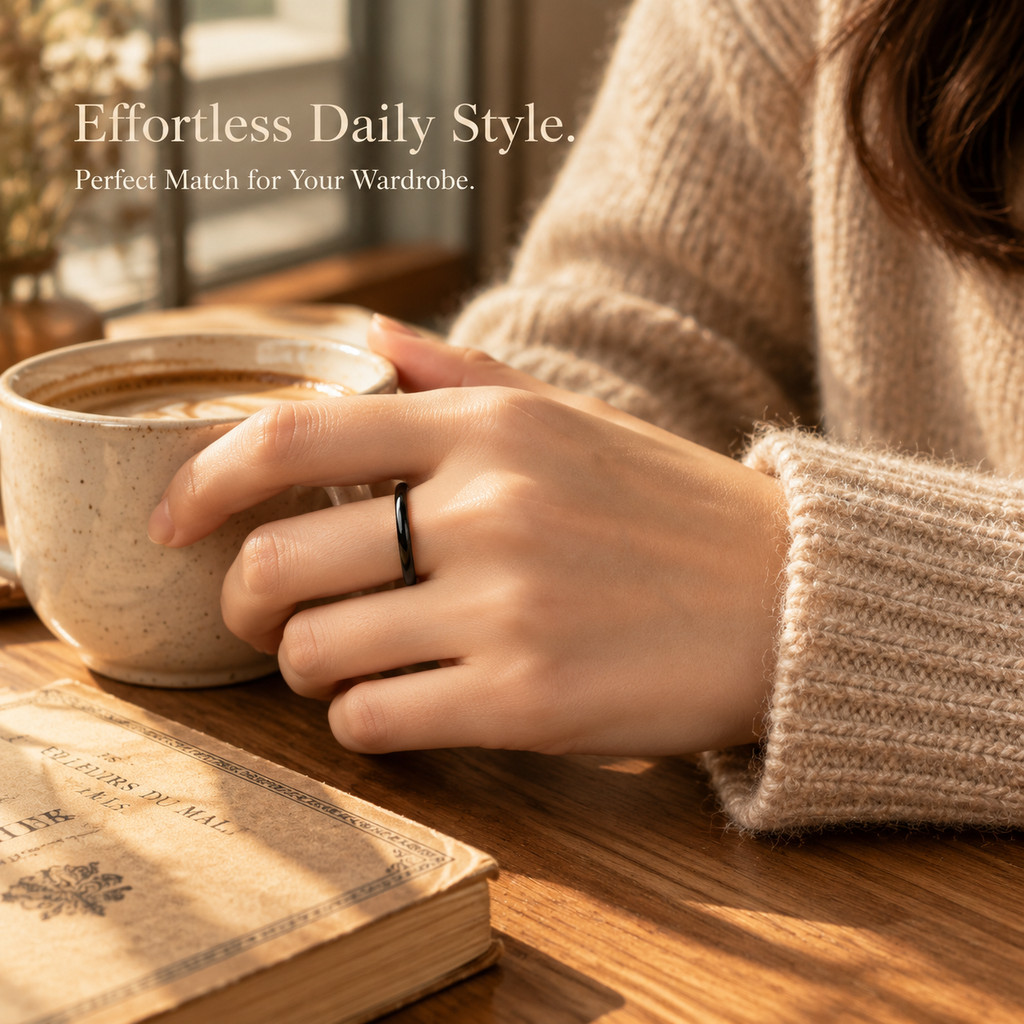 Natural Black Agate Ring for Women, Minimalist Stackable Band
