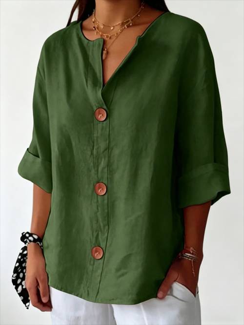 womens v neck shirt with comfortable rolled edges 3 4 sleeve button blouse breathable casual dress suitable for daily work and vacation wear