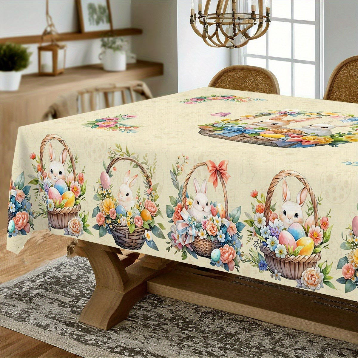 item picture 1pc easter bunny floral tablecloth colorful baskets with easter eggs modern minimalist home   spring dining table decor   in   sizes rectangular round suitable for dining tables coffee tables and more