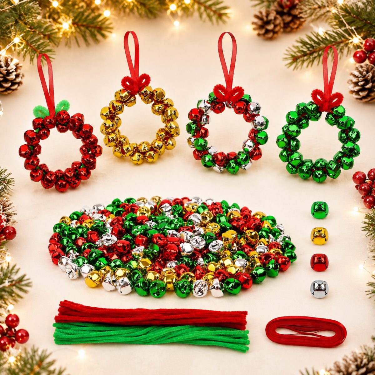 TEMU 321pcs (with 300 Jingle Bells) Christmas Bell Wreath Making Kit - Homemade Craft Ornament Set With 20 Chenille Stems & Red Ribbon Suitable For
