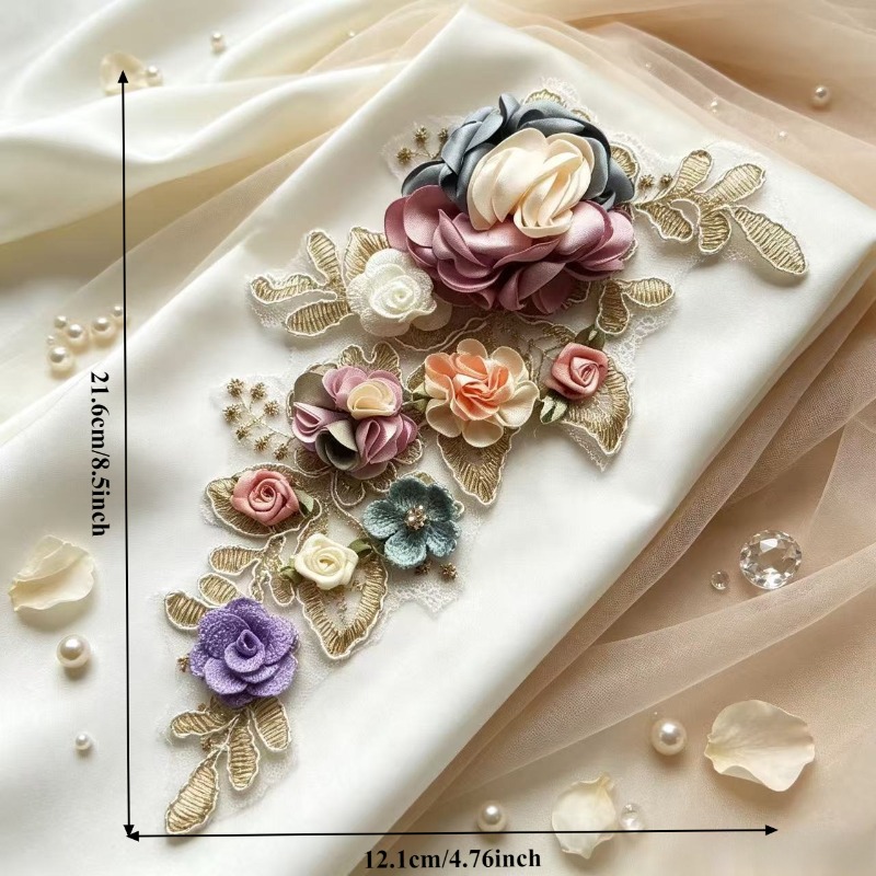 TEMU Appliqué en tissu multicolore Morandi avec broderie florale tridimensionnelle, fleur vintage en satin main avec et pétales en dentelle, pour