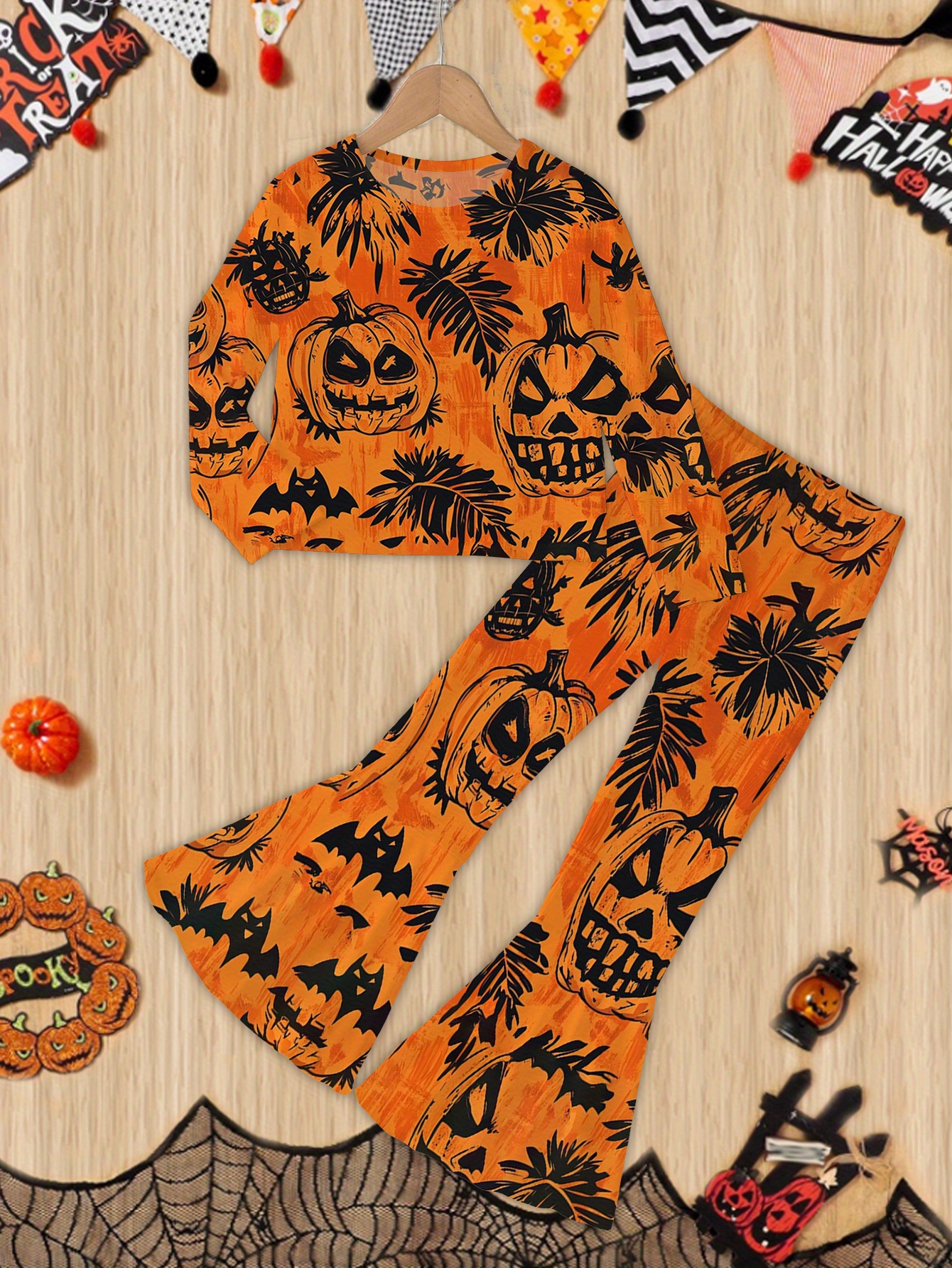 Ensemble Halloween Fille - Top Manches Longues Et Pantalon Imprimé Citrouille - Tissu Doux, Tailles 0-6 Mois à 2-3 Ans