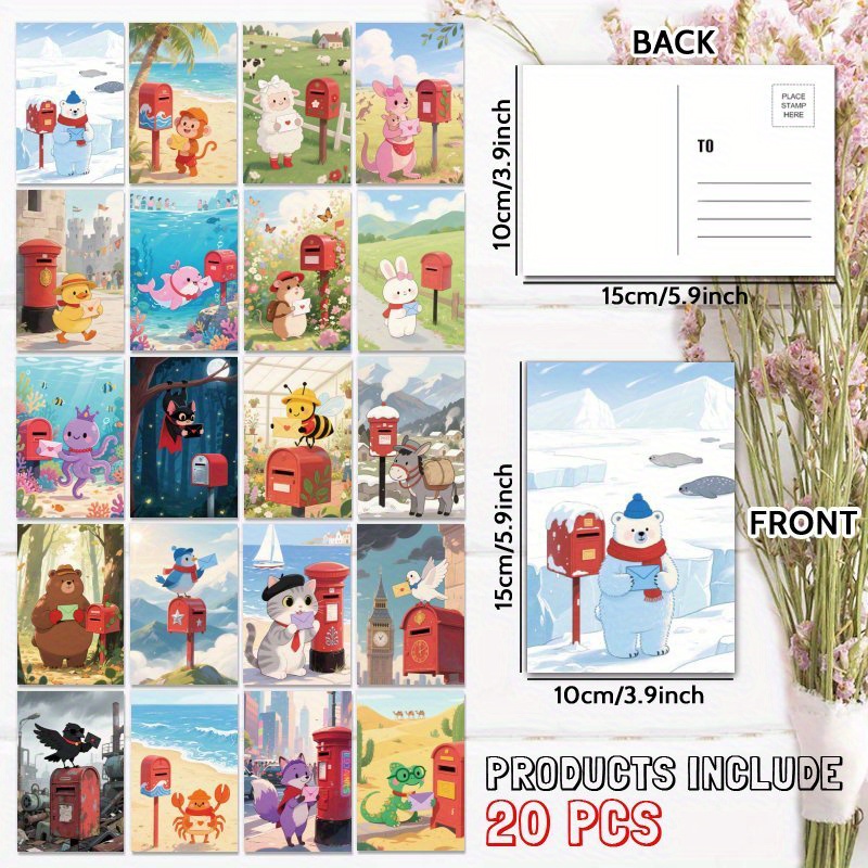 TEMU 20pcs Postcards – Whimsical Mail Adventures: Cute Animal . Mailbox Illustrations, Collectible Home Decor, Scrapbooking, Greeting Cards (4 X 6