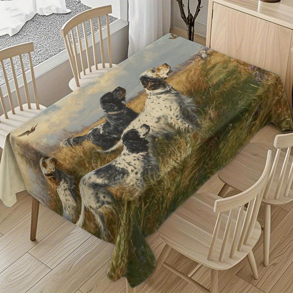 TEMU 2d Printed 59x59in/150x150cm 3 English Setters And 2 Flat-coated Washable Tablecloth Suitable For Holiday Parties And Daily Dining, Suitable For