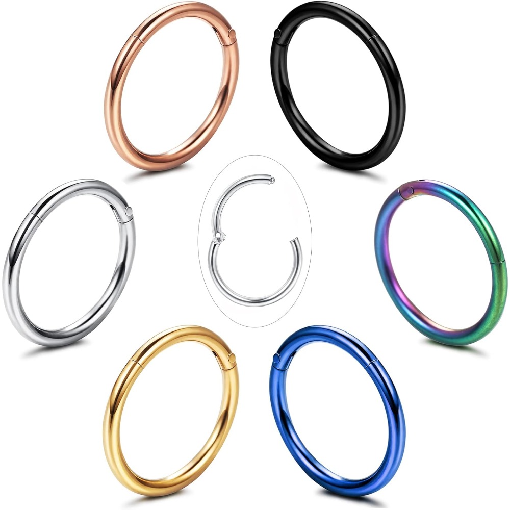 Image of Set Of 6 G23 Titanium Septum Hoops, Featuring Hinged Suitable For Lip, Cartilage, Helix, Conch, Tragus, Daith Piercings, And Nose Rings In Sizes 16g, 18g, And 20g