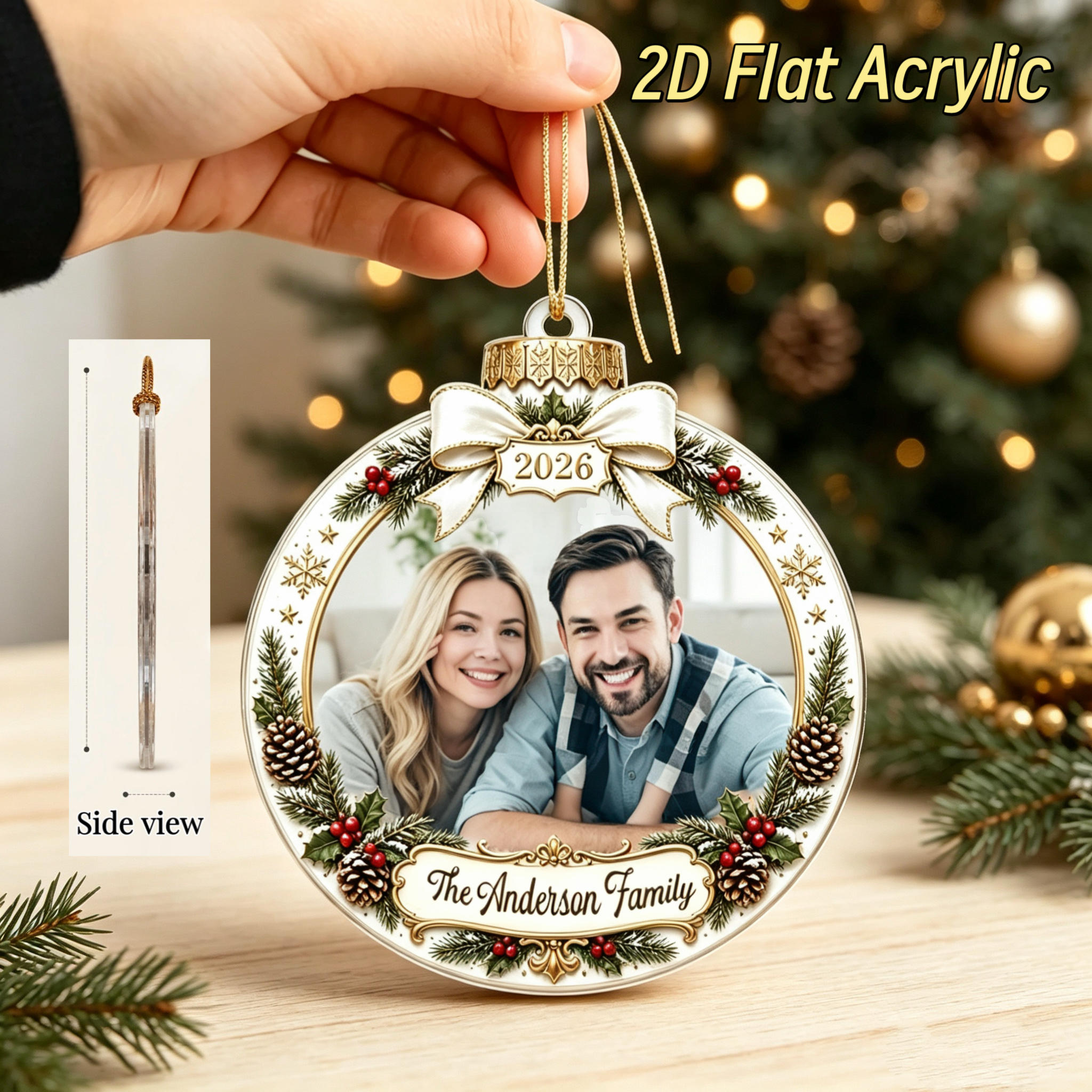 TEMU 2d Flat, Personalized Family Photo Christmas Ornament - Customizable Name/text And Picture, Christmas Style Circular Acrylic Hanging Pendant,