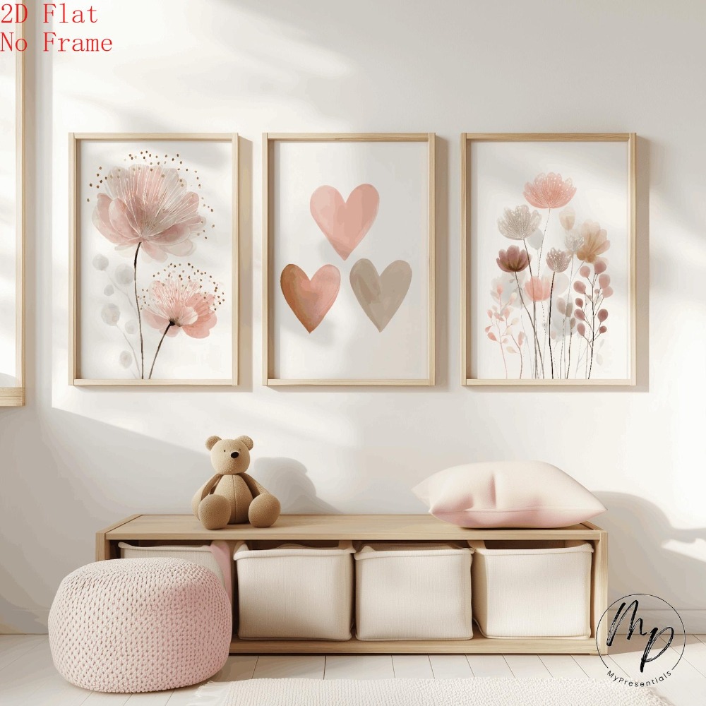 TEMU 2d Flat, 3pcs Boho & Heart Wall Posters Suitable For Girls Room Decor - Neutral Pink Pictures With Bohemian Flower Prints, Unframed Canvas