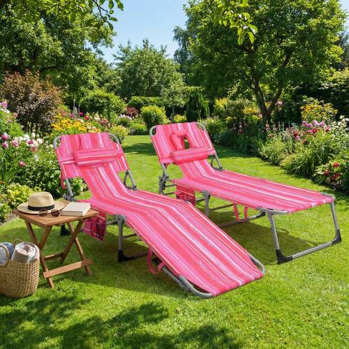 portable chair patio folding recliner w 5 adjustable soft removable pillow storage pocket lightweight cot outdoor camping bed for patio deck poolside sunbathing