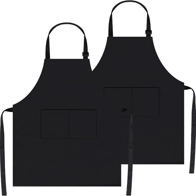 2pcs Adjustable Black 100% Cotton Apron With 2 Pockets For Cooking, Baking, Gardening, Bbq - Women And Men Aprons For Home Kitchen, Restaurant, (professional Design)