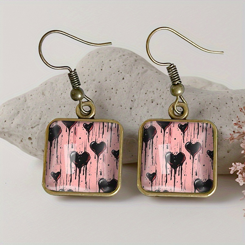 TEMU A Pair Of Quirky Vintage Square Earrings Made Of Glass, Handcrafted Jewelry Perfect As A Gift For On Valentine's Day, Without Battery