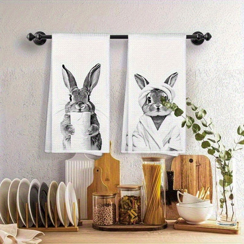 TEMU Set de 2 torchons amusants Lapin : et chiffon pour des lapins, parfait pour les décorations de cuisine sur le thème de Pâques.