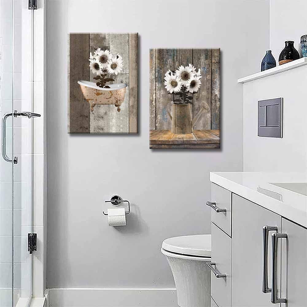 2pcs framed rustic farmhouse white sunflower canvas wall art vintage wood grain bathtub pictures ready to hang   bathroom living room bedroom decor hotel artwork indoor use contemporary style bathroom wall decor vintage wall art wood grain texture bathroom decor 2d flat   room decor