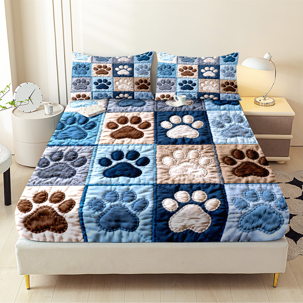 TEMU 3pcs Quilted Print Fitted Sheet Set Decorative Mattress Cover Art Print Mattress Protector Boho Halloween Bedding Christmas Bedroom Decor For