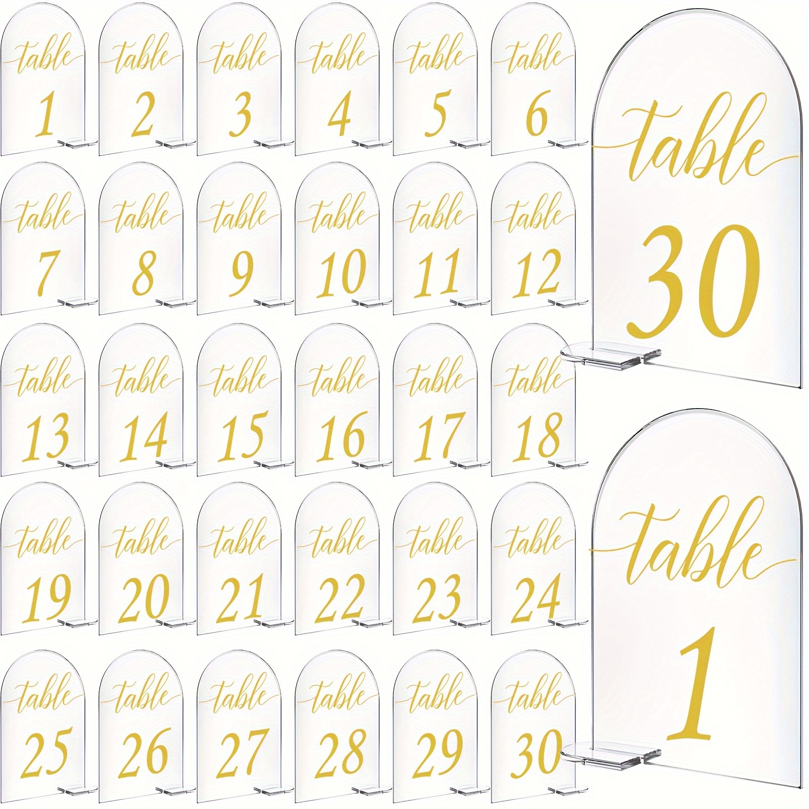 TEMU [2d Flat] [2d Flat] 30 Sets Of Golden Printed Curved Acrylic Signs For Table Numbers 1-30, Clear Display Stands Suitable For Wedding Receptions,